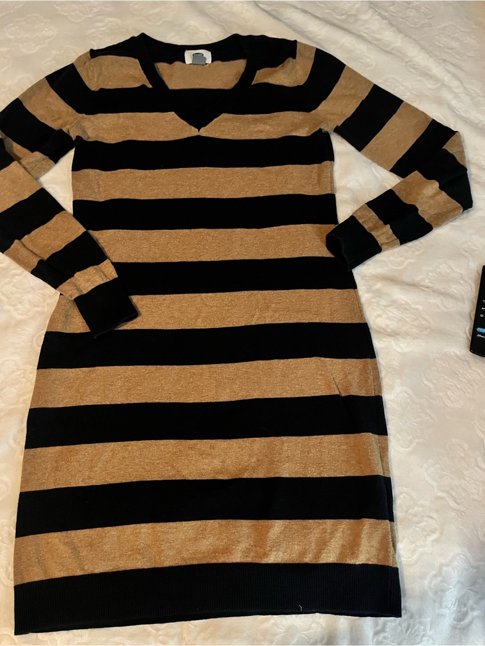Old Navy Navy and Tan Striped Long-Sleeve Sweater Dress
